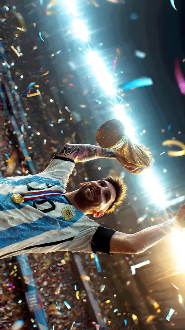 لیونل مسی در حال بوسیدن جام جهانی - والپیپر مسی با کیفیت 4K