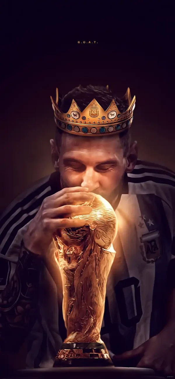 لیونل مسی در حال بوسیدن جام جهانی - والپیپر مسی با کیفیت 4K