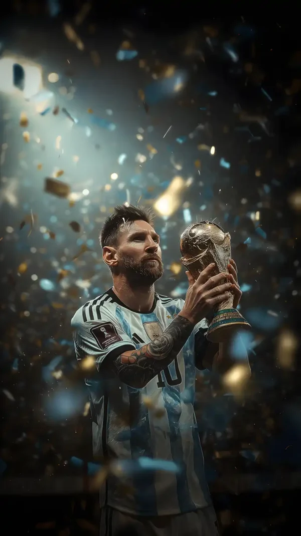 لیونل مسی در حال بوسیدن جام جهانی - والپیپر مسی با کیفیت 4K