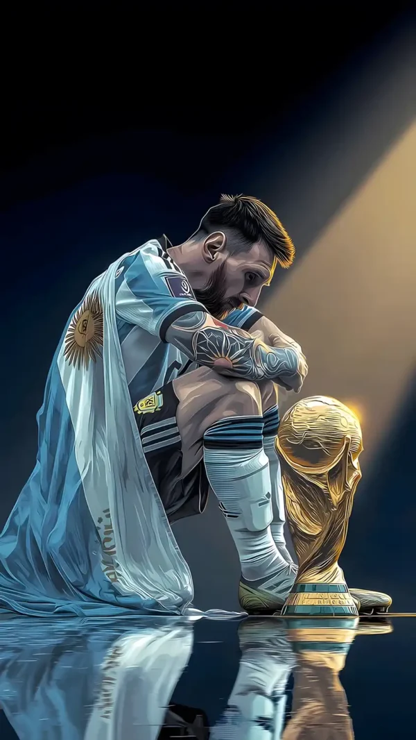 لیونل مسی در حال بوسیدن جام جهانی - والپیپر مسی با کیفیت 4K