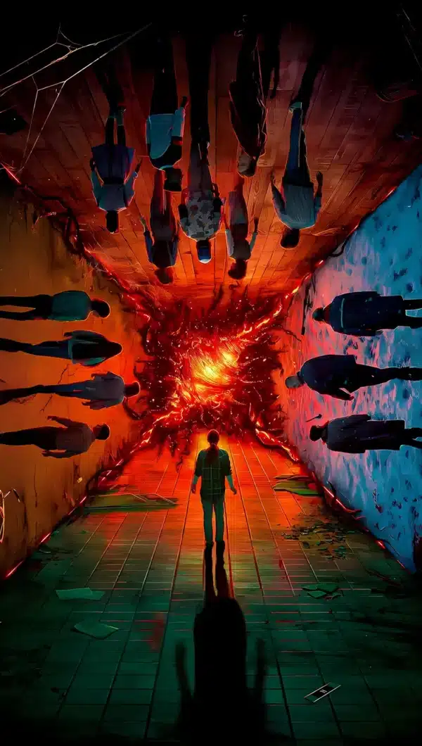 : دنیای Upside Down با فضای قرمز و ترسناک - والپیپر 4K