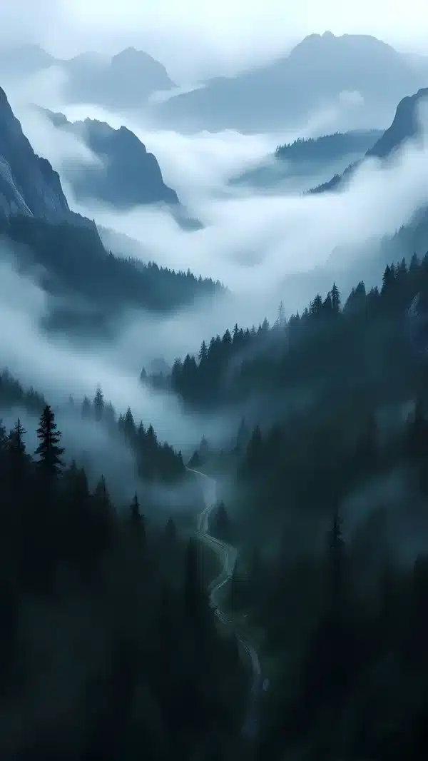 والپیپر جنگل مه‌آلود صبحگاهی