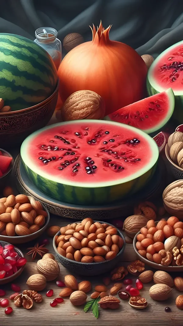 والپیپر شب یلدا برای دسکتاپ با انار و هندوانه