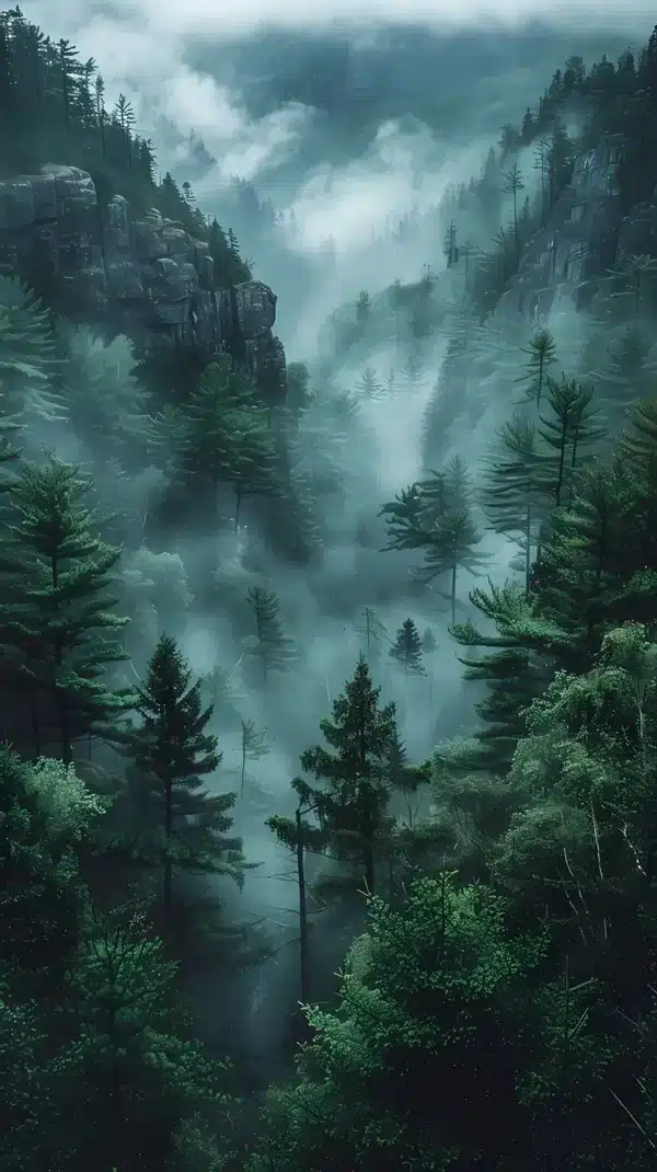 والپیپر طبیعت 2026 جنگل مه‌آلود با نورپردازی سینمایی - Hd