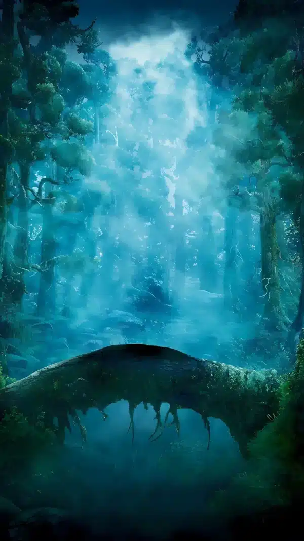 منظره جنگل‌های مه آلود و ارواح آبی در انیمیشن دلاور