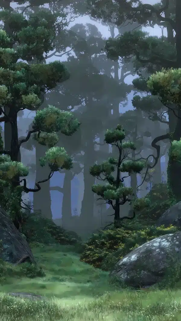 منظره جنگل‌های مه آلود و ارواح آبی در انیمیشن دلاور