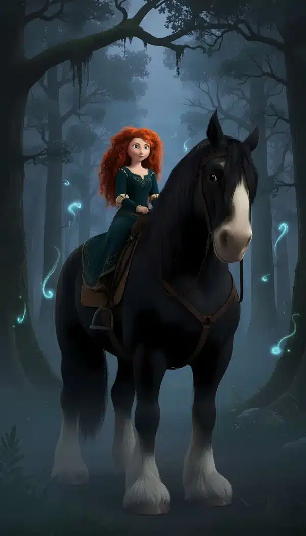 تصویر زمینه مریدا سوار بر اسب سیاه انگوس در انیمیشن بریو