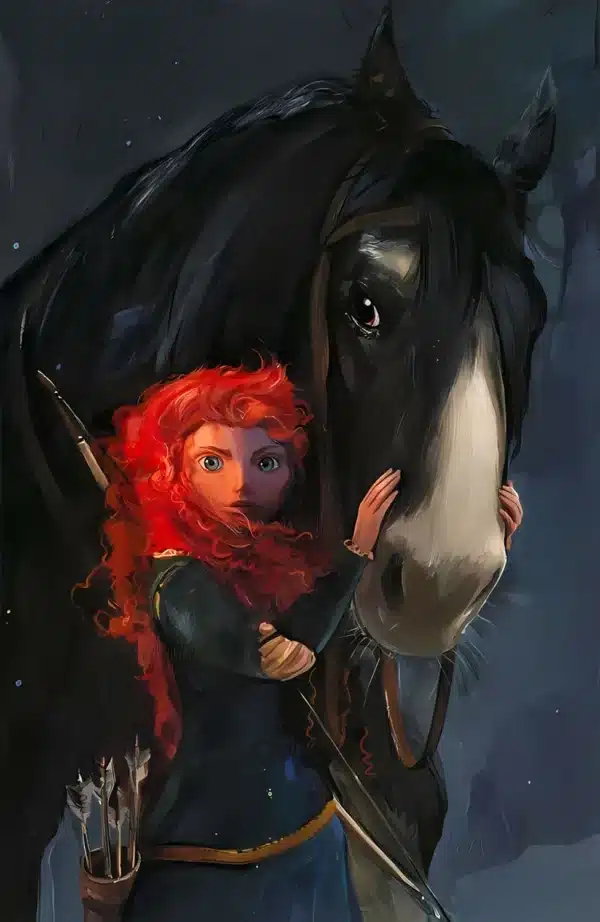 تصویر زمینه مریدا سوار بر اسب سیاه انگوس در انیمیشن بریو