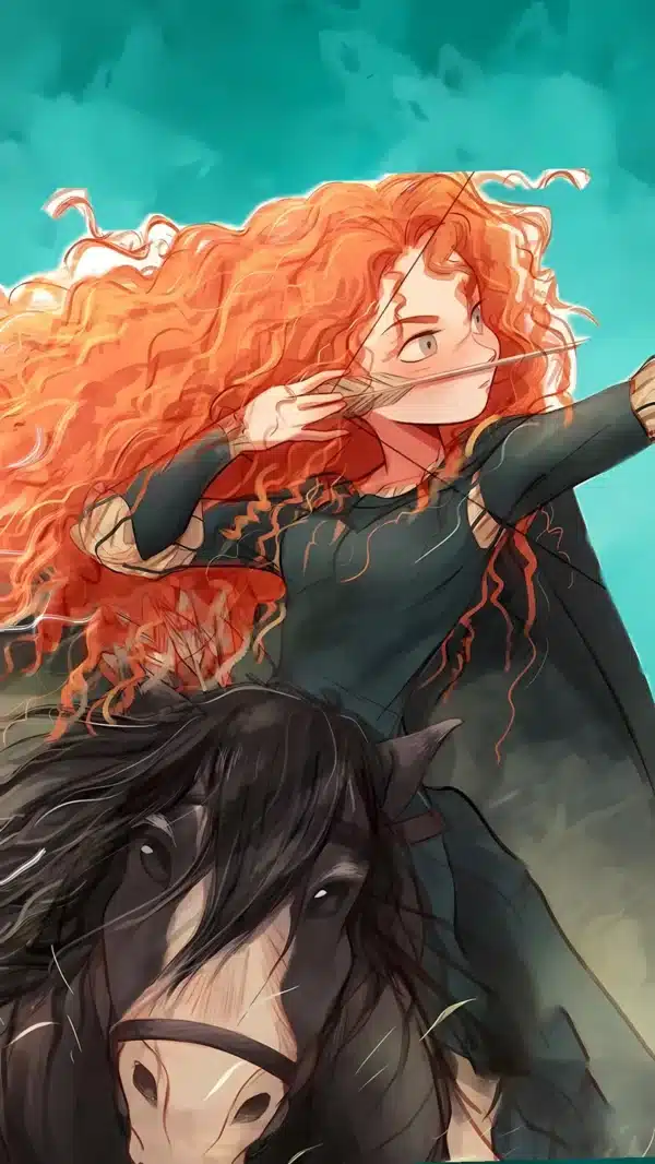 تصویر زمینه مریدا سوار بر اسب سیاه انگوس در انیمیشن بریو