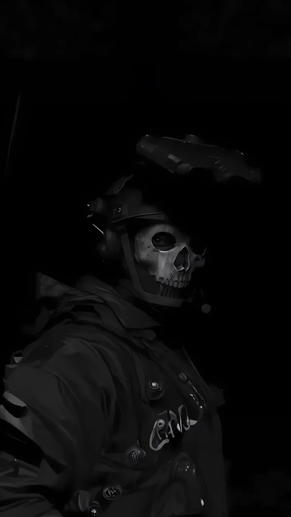 تصویر زمینه گوست با ماسک اسکلتی و نگاه خیره