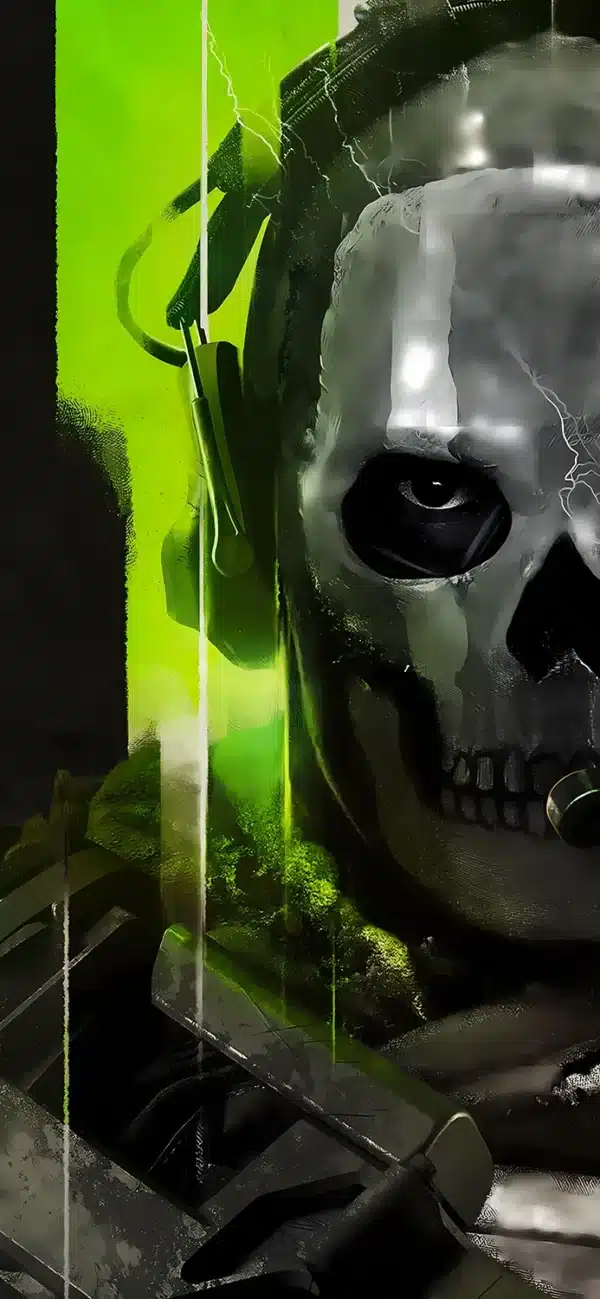 تصویر زمینه گوست با ماسک اسکلتی و نگاه خیره