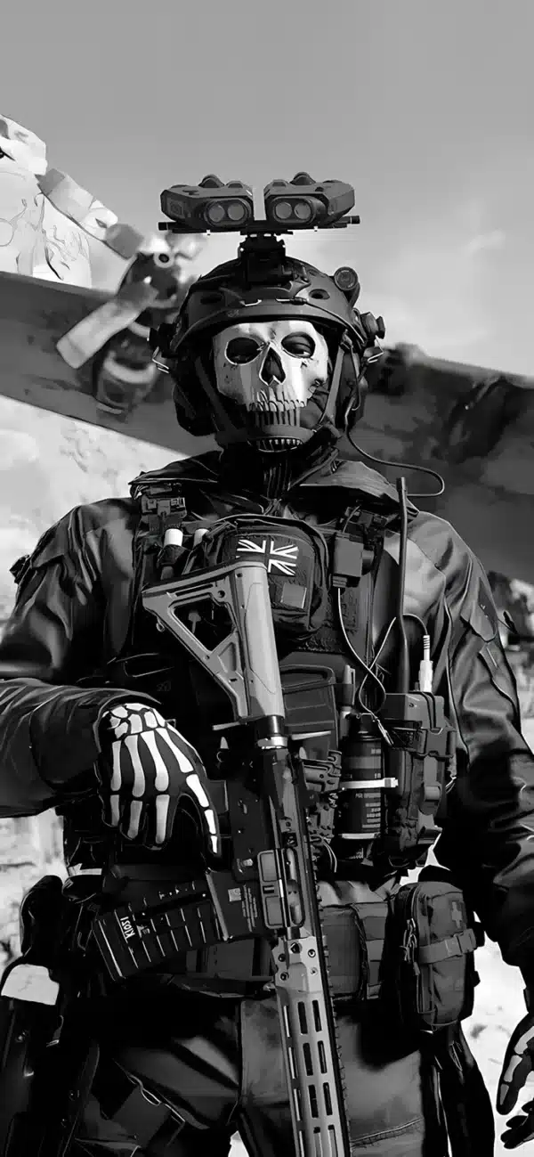 تصویر زمینه گوست با ماسک اسکلتی و نگاه خیره