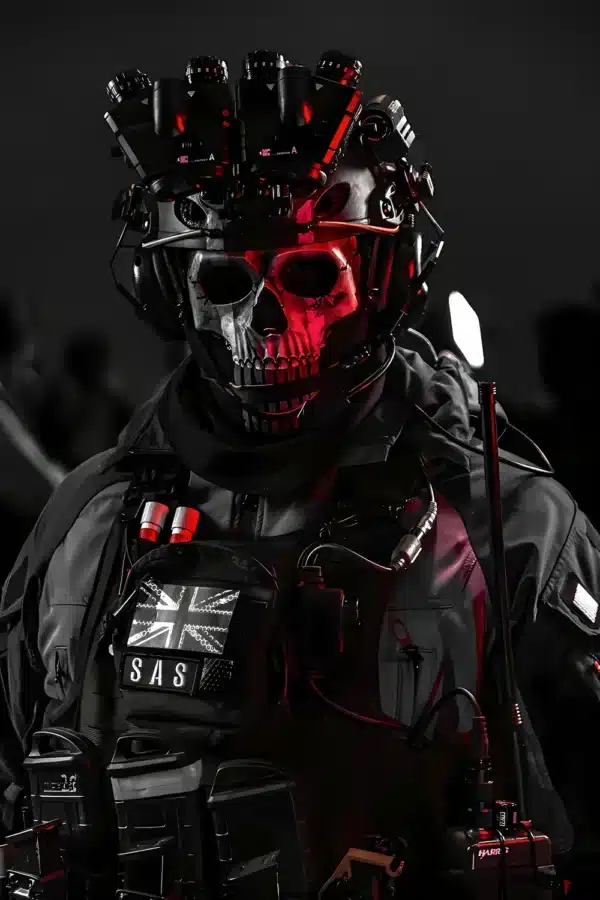 تصویر زمینه گوست با ماسک اسکلتی و نگاه خیره