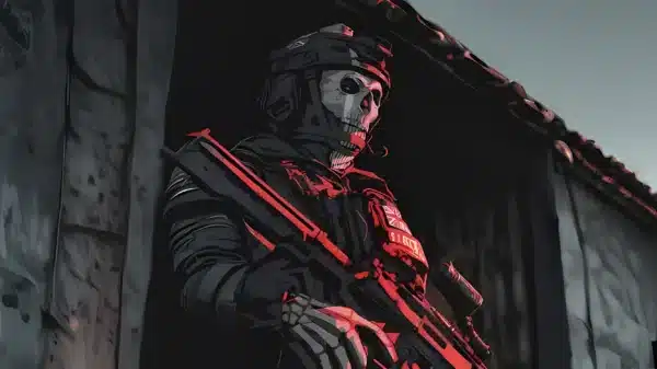 تصویر زمینه گوست با ماسک اسکلتی و نگاه خیره