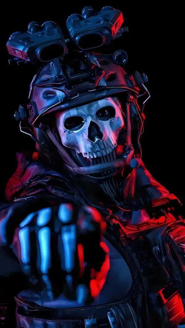 تصویر زمینه گوست با ماسک اسکلتی و نگاه خیره