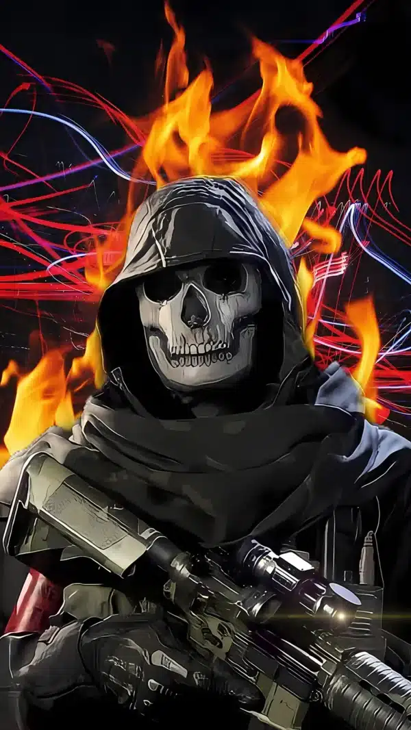 تصویر زمینه گوست با ماسک اسکلتی و نگاه خیره