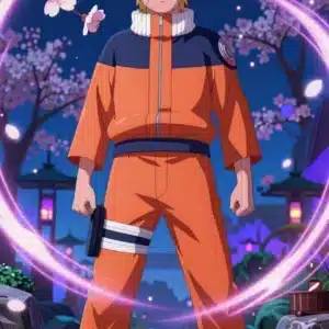 والپیپر ناروتو Uzumaki در باغ نئونی با گیلاس‌های شکوفه‌دار و نورپردازی چشمگیر