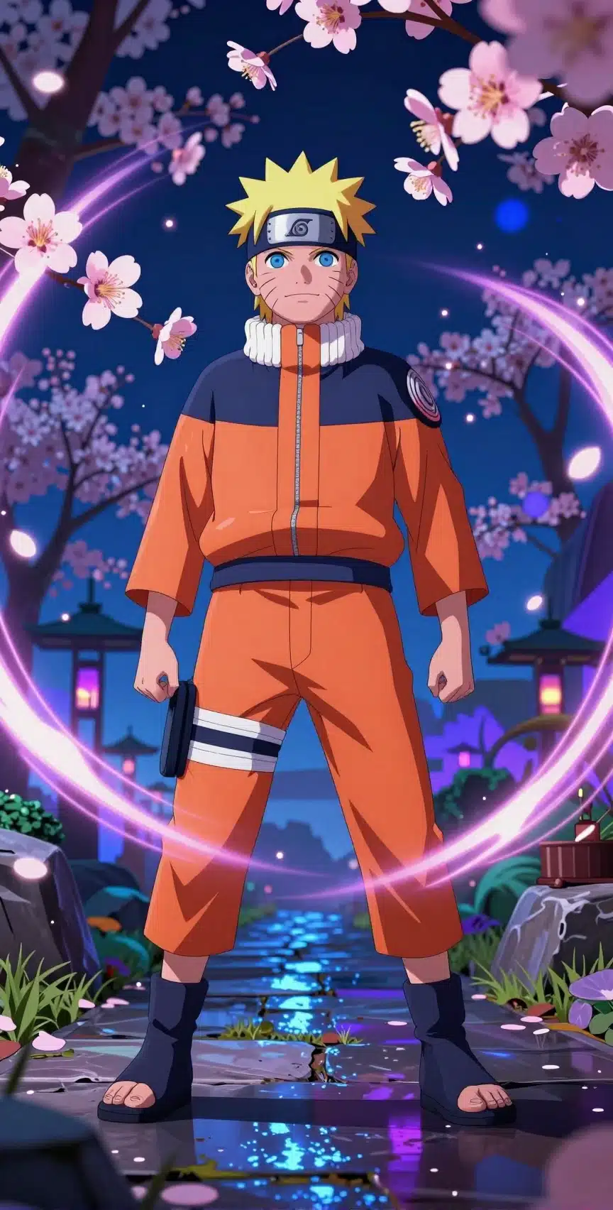 والپیپر ناروتو Uzumaki در باغ نئونی با گیلاس‌های شکوفه‌دار و نورپردازی چشمگیر
