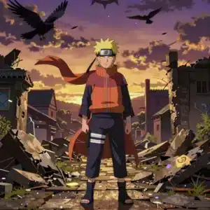 والپیپر ناروتو در میان ویرانه‌های روستای برگ پنهان با نور غروب آفتاب