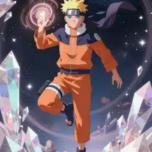 والپیپر ناروتو Uzumaki در فضا با انرژی چاکرای آبی و کریستال‌های رنگی - مدل NAR5