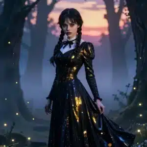 ونزدی آدامز در جنگل افسون‌شده با نورپردازی طلایی و سایه‌های آبی