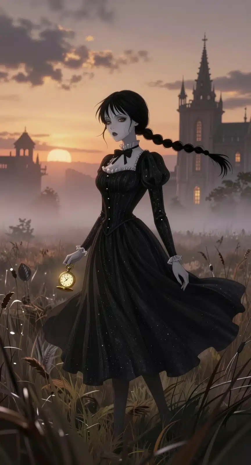 ونزدی آدامز در دشت مه‌آلود با لباس سیاه و ساعت جیبی طلایی، طراحی انیمه‌ای با کیفیت 8K