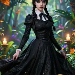 والپیپر انیمه ونزدی آدامز با لباس سیاه در طبیعت گرمسیری با برگهای پاییزی