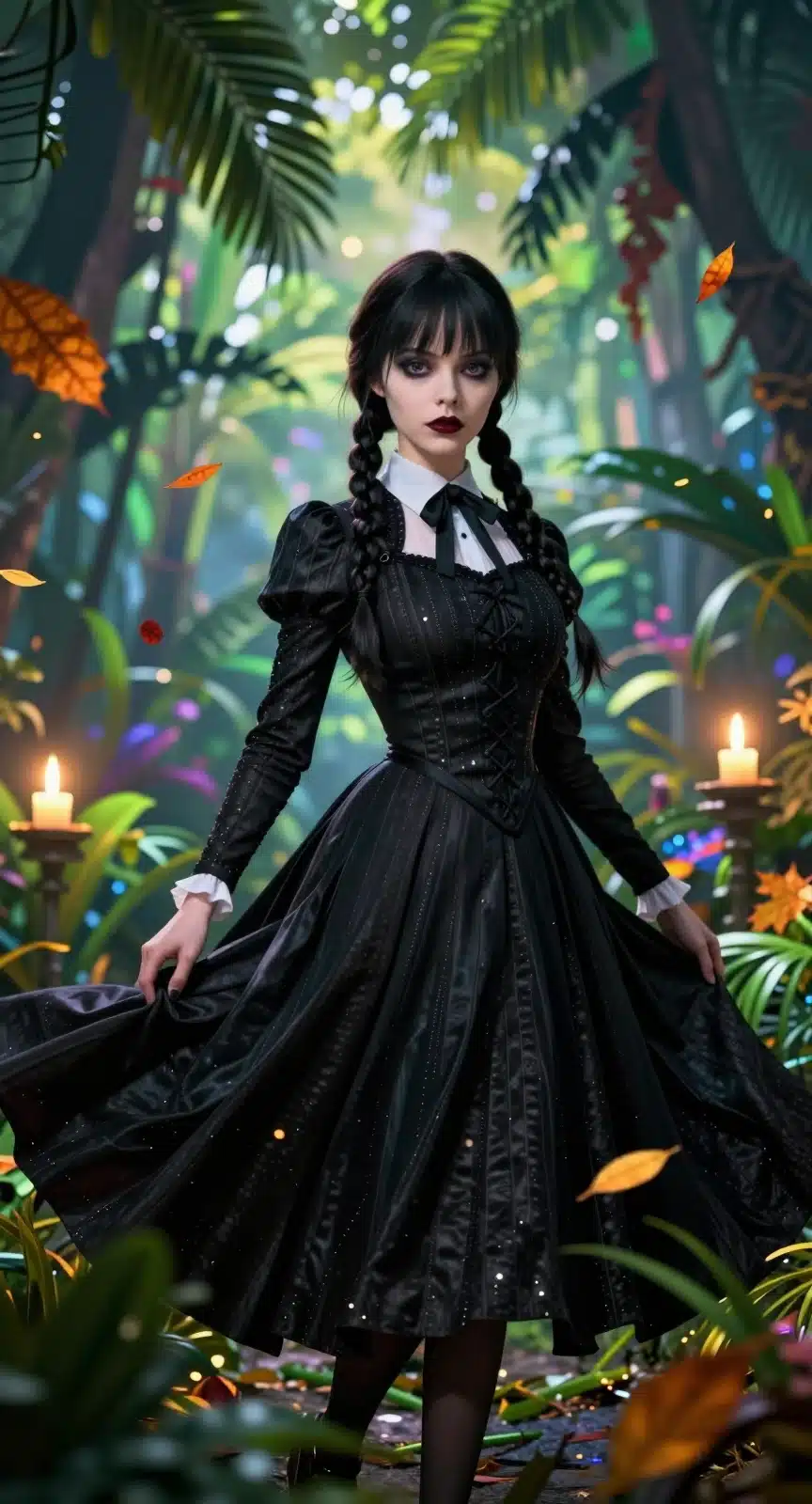 والپیپر انیمه ونزدی آدامز با لباس سیاه در طبیعت گرمسیری با برگهای پاییزی