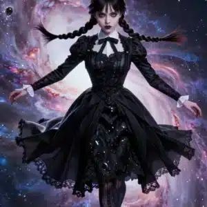 والپیپر انیمه‌ای ونزدی آدامز در فضا با لباس سیاه و یقه سفید در میان سحابی‌های رنگی