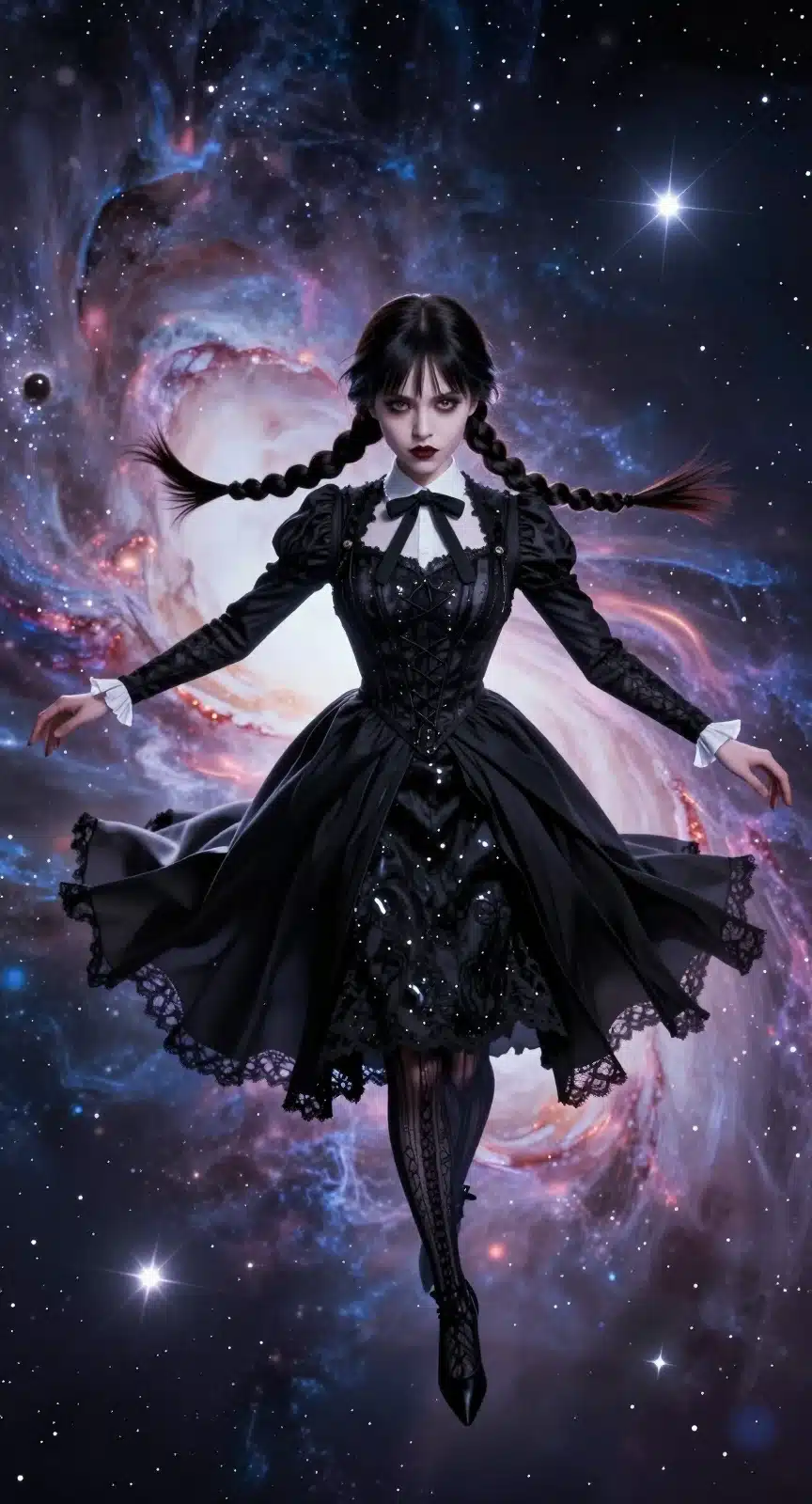 والپیپر انیمه‌ای ونزدی آدامز در فضا با لباس سیاه و یقه سفید در میان سحابی‌های رنگی