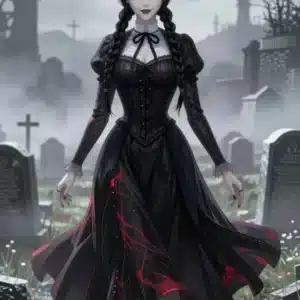 ونزدی آدامز در قبرستان مه‌آلود با لباس مشکی و هایلایت قرمز، طرح انیمه‌ای 8K