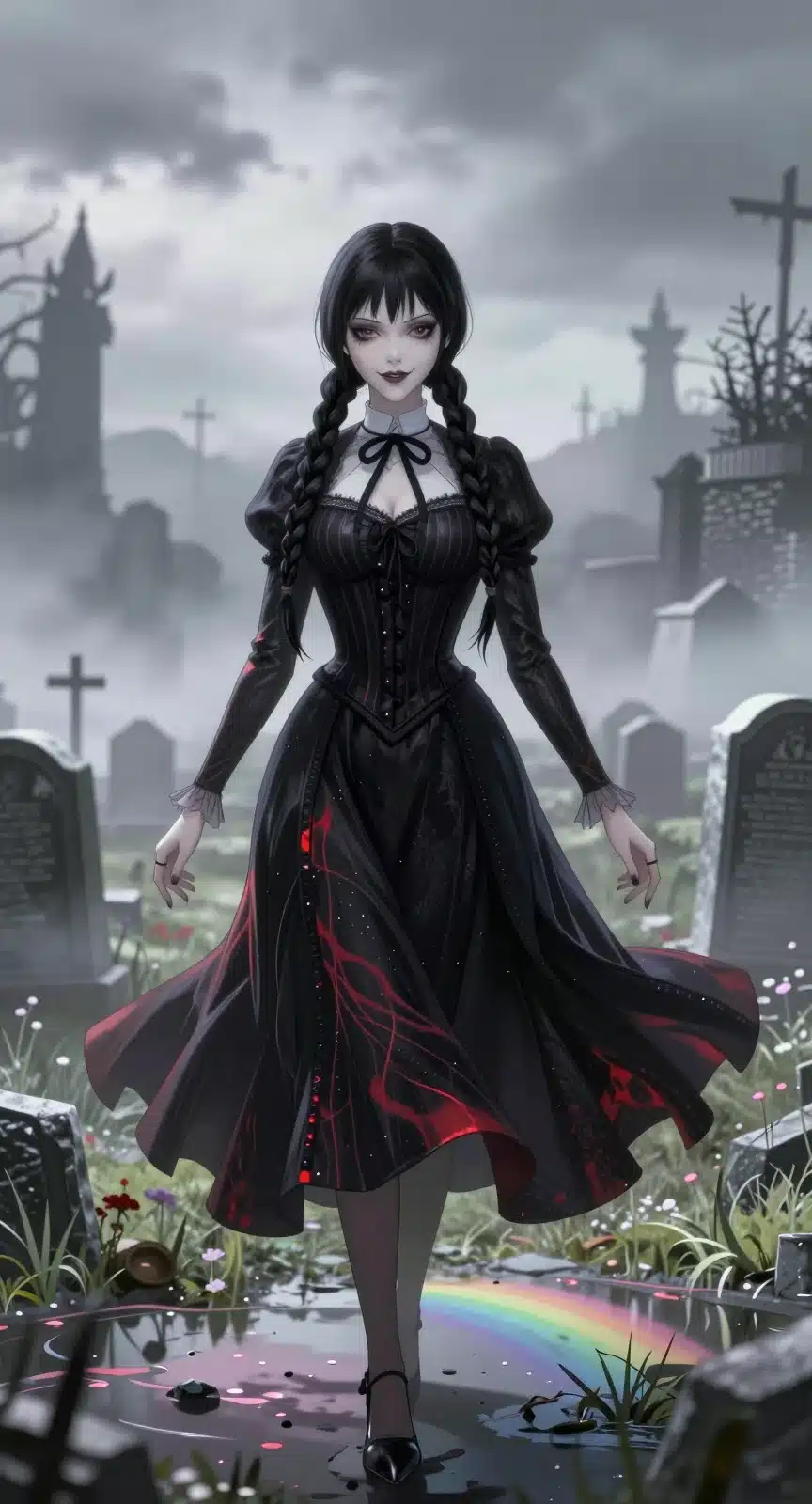 ونزدی آدامز در قبرستان مه‌آلود با لباس مشکی و هایلایت قرمز، طرح انیمه‌ای 8K