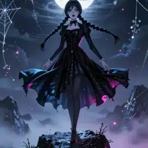 والپیپر ونزدی آدامز در بالای کوه با نورهای نئون آبی و صورتی