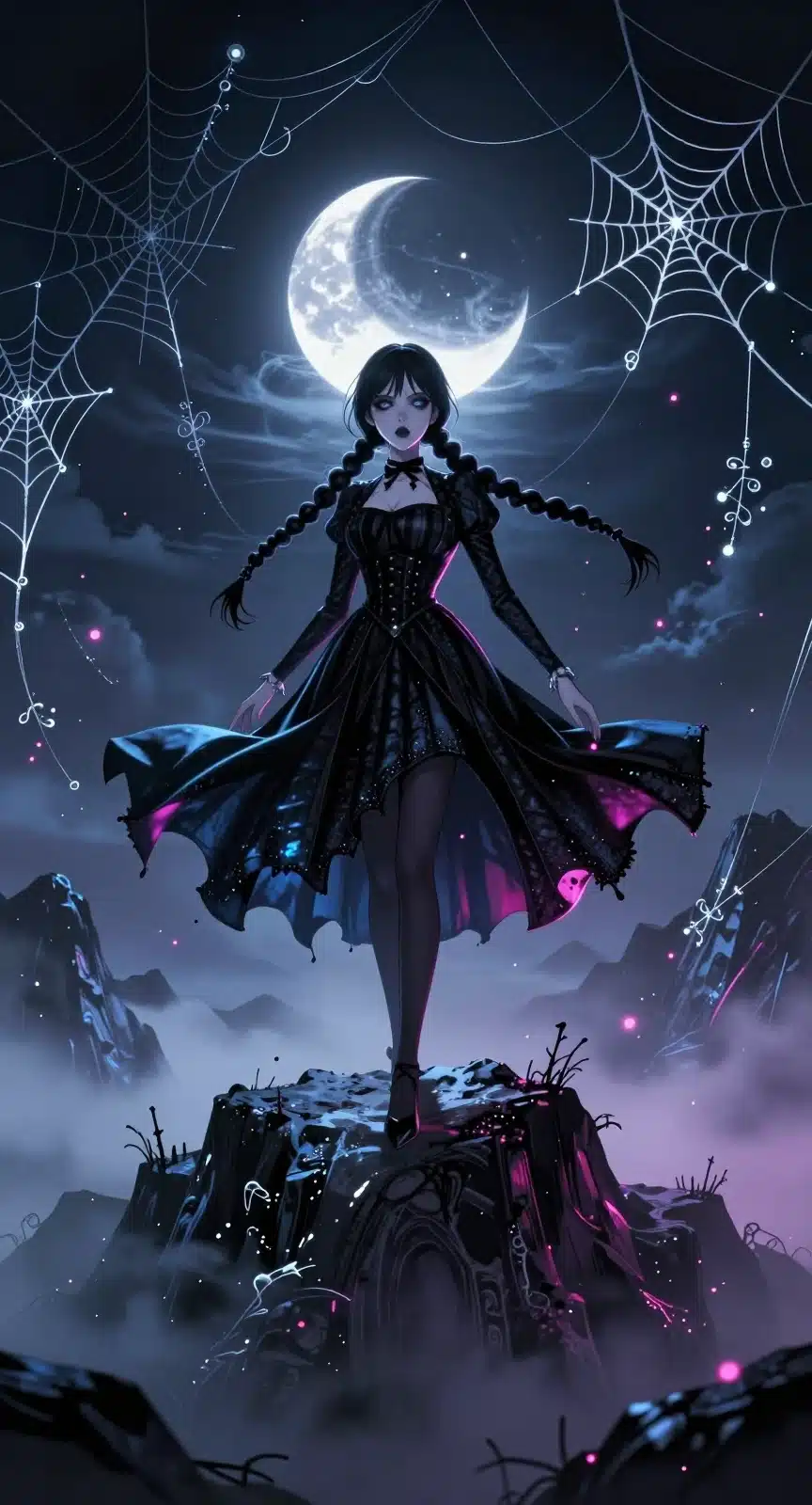 والپیپر ونزدی آدامز در بالای کوه با نورهای نئون آبی و صورتی