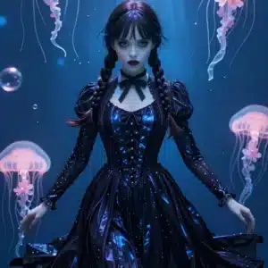 والپیپر انیمه ونزدی آدامز با لباس مشکی در اعماق اقیانوس میان عروس‌های دریایی درخودی