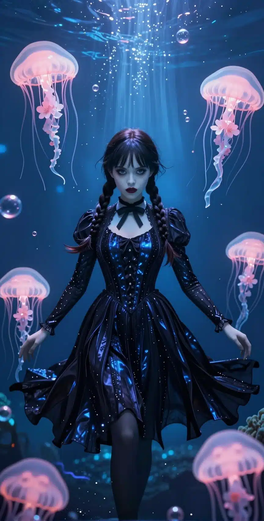 والپیپر انیمه ونزدی آدامز با لباس مشکی در اعماق اقیانوس میان عروس‌های دریایی درخودی