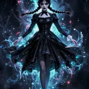 والپیپر انیمه‌ای ونزدی آدامز در فضای کیهانی با نورهای فیروزه‌ای و ذرات یخی