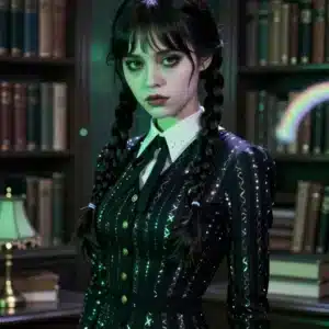 پرتره انیمه‌ای ونزدی آدامز در یک کتابخانه گوتیک با نورپردازی زمردی