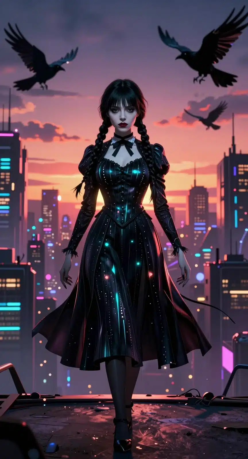 والپیپر انیمه‌ای ونزدی آدامز در شهر نئونی با نورهای فیروزه‌ای و مرجانی