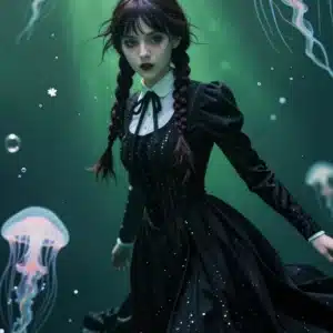 والپیپر انیمه‌ای ونزدی آدامز در محیط زیر آب با نورهای آبی و سبز و عروس‌های دریایی نورانی