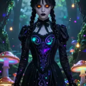 والپیپر انیمه ونزدی آدامز در جنگل جادویی با نورهای نئون و لباس سیاه گلدوزی شده