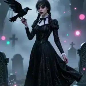 والپیپر انیمه ونزدی آدامز در گورستان با نورهای نئون