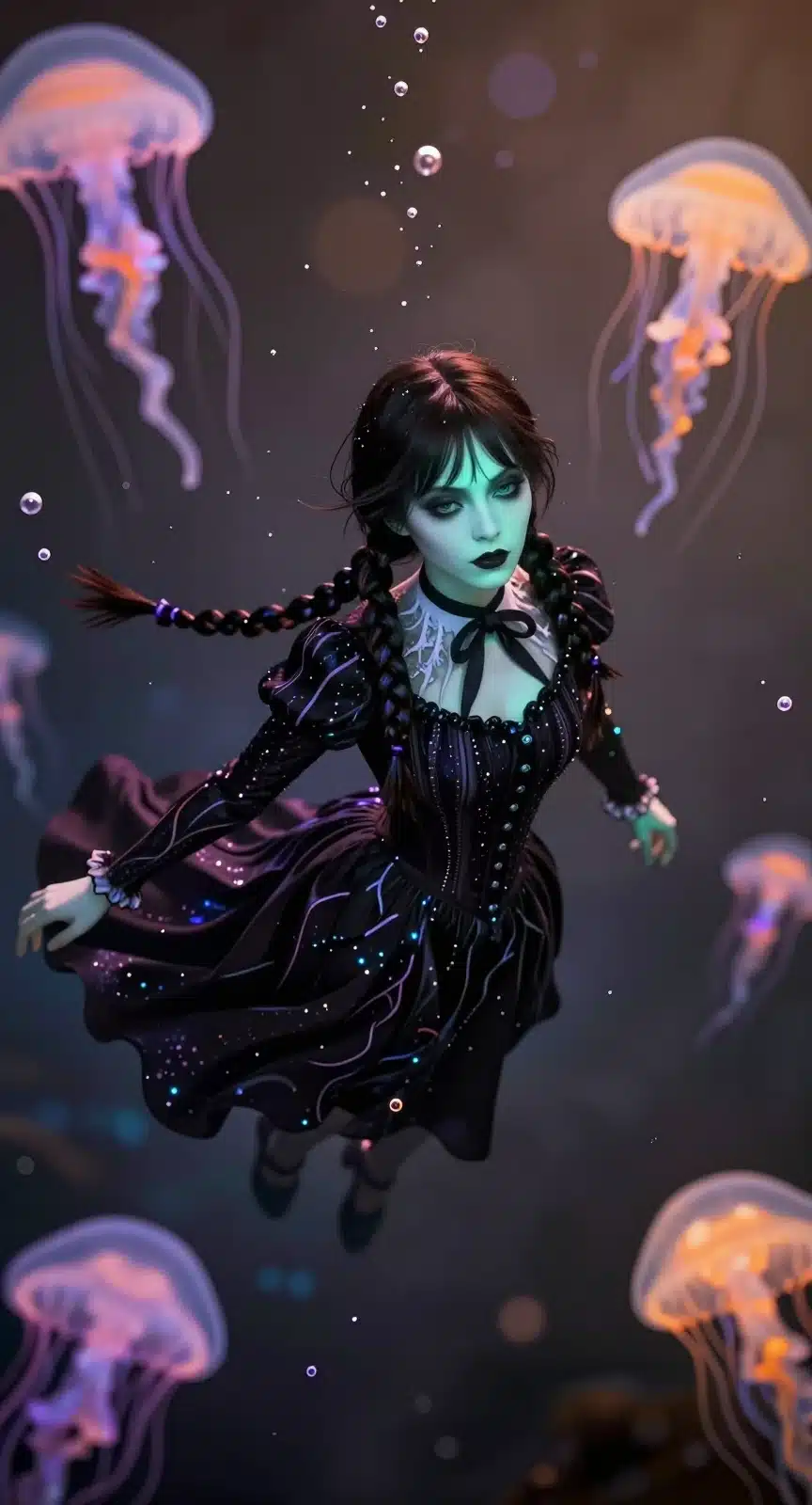 والپیپر انیمه‌ای ونزدی آدامز در صحنه‌ای سورئال زیر آب با نورپردازی نئون و جلوه‌های ویژه