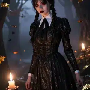 والپیپر انیمه‌ای ونزدی آدامز در جنگل اسرارآمیز با نور شمع و جزئیات گوتیک