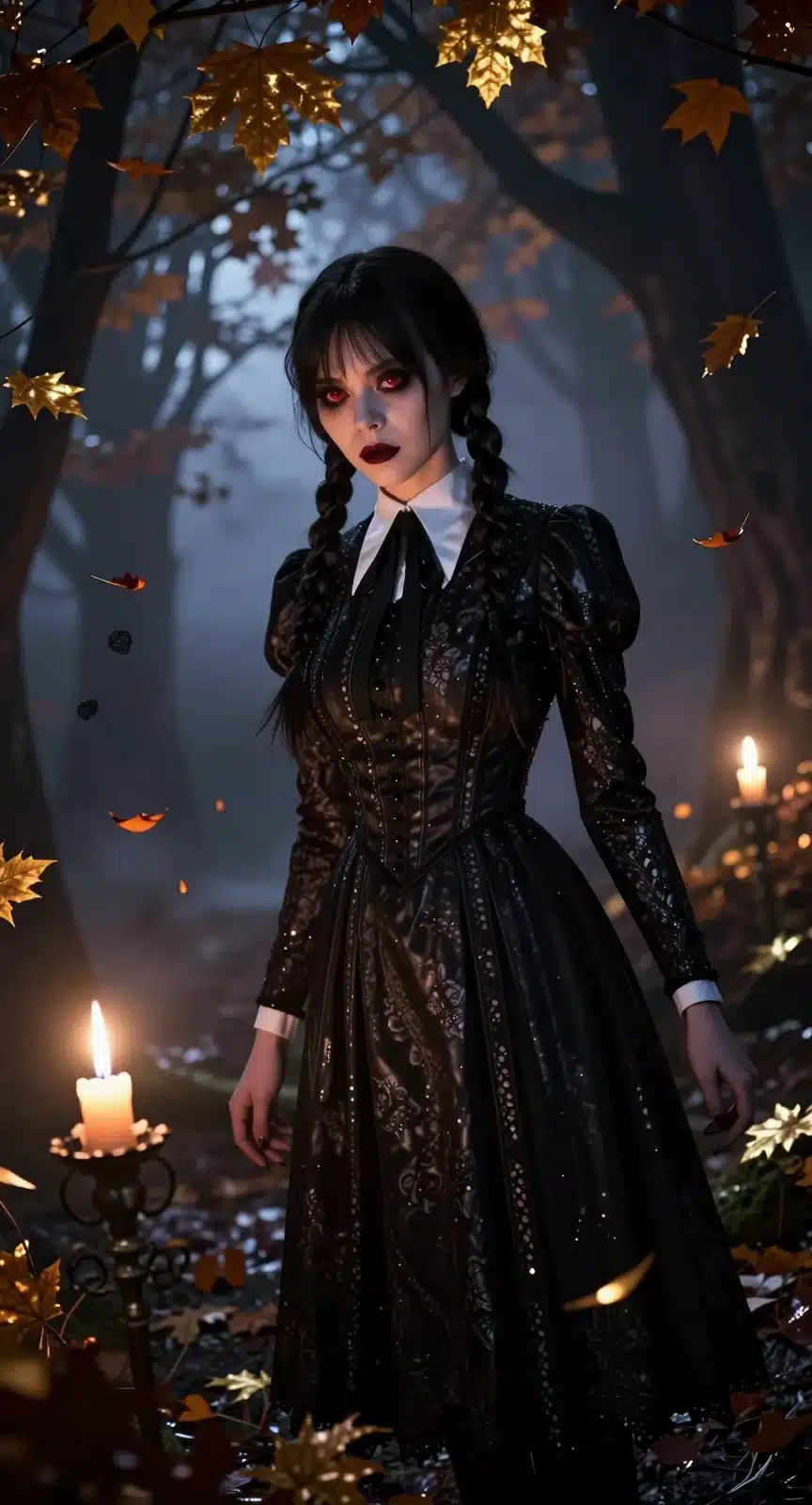 والپیپر انیمه‌ای ونزدی آدامز در جنگل اسرارآمیز با نور شمع و جزئیات گوتیک