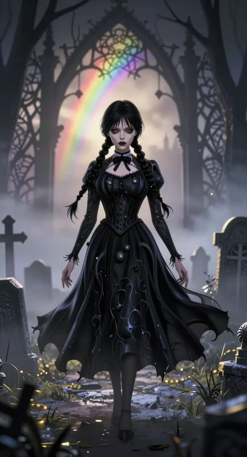 والپیپر انیمه 8K از ونزدی آدامز در قبرستان مه‌آلود با نورپردازی سینمایی