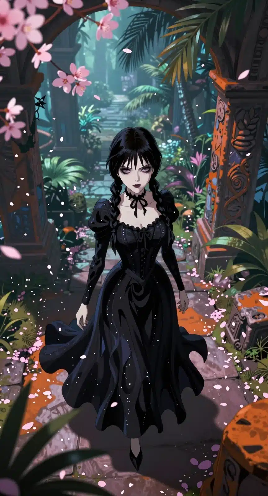 ونزدی آدامز در میان ویرانه‌های باستانی با لباس سیاه و گل‌های صورتی در حال پرواز - والپیپر انیمه‌ای 8K