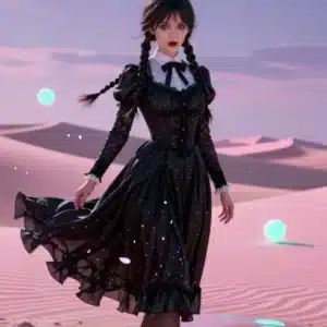 والپیپر انیمه‌ای ونزدی آدامز در بیابان با نورهای نئون و گل‌های گیلاس