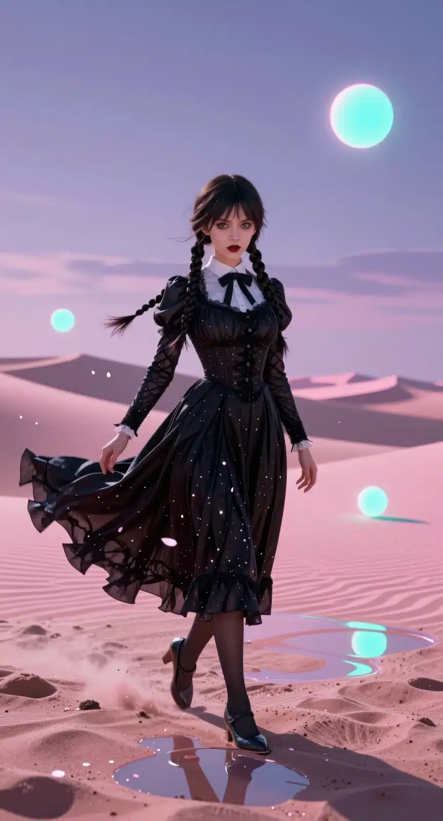 والپیپر انیمه‌ای ونزدی آدامز در بیابان با نورهای نئون و گل‌های گیلاس