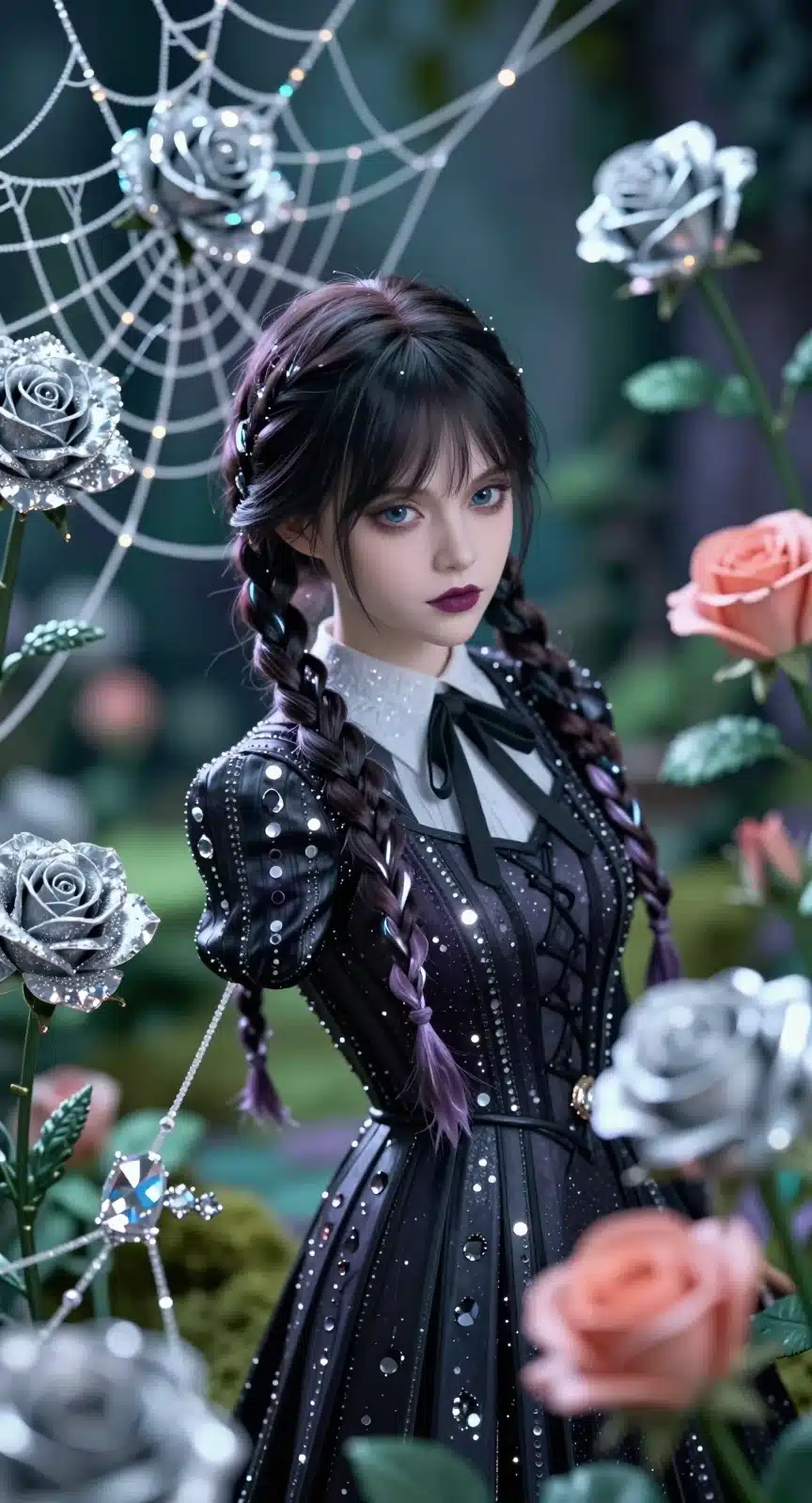 ونزدي در باغ گوتیک با نور ماه و گل‌های نقره‌ای، والپیپر انیمه 8K